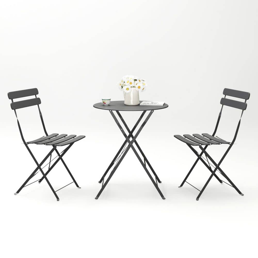 3-Piece Cushioned Gray Metal Steel Outdoor Bistro Dining Set Sturdy Balcony Patio Table Chair Furniture with Cushions price history on PriceWatchPro