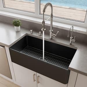 Black Matte Fireclay 35.88 in. Single Bowl Farmhouse Apron Workstation Kitchen Sink