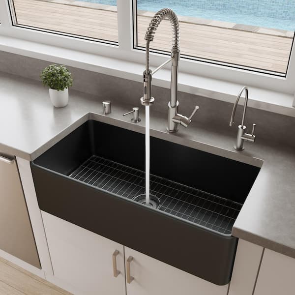 ALFI BRAND Black Matte Fireclay 35.88 in. Single Bowl Farmhouse Apron Workstation Kitchen Sink