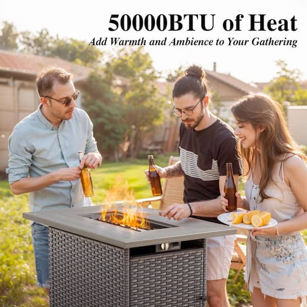 Kove Brown 6-Piece Wicker Patio Conversation Seating Set with Gray Cushions, Fire Pit Table, Swivel Glider