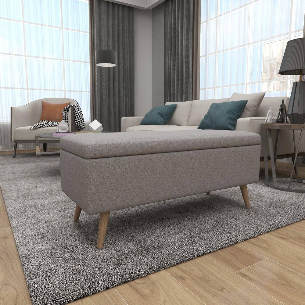 Modern Gray Polyester 42'' Storage Bench with Wooden Legs
