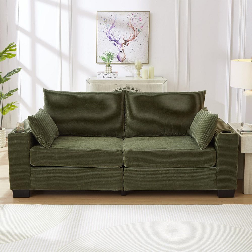 Glenwood 78 in. Square Arm Corduroy Fabric Upholstered Rectangle 2-Seater Sofa in Green with Cup Holders and Side Pocket price history on PriceWatchPro