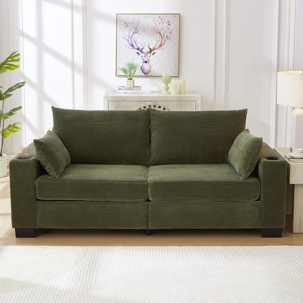 Glenwood 78 in. Square Arm Corduroy Fabric Upholstered Rectangle 2-Seater Sofa in Green with Cup Holders and Side Pocket