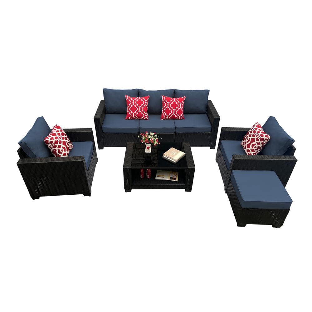 7-Piece Wicker Outdoor Sectional Set, Patio Rattan Sofa Set with Blue Cushi