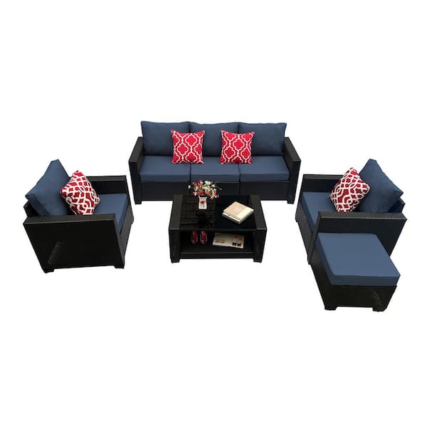 Unbranded 7-Piece Wicker Outdoor Sectional Set, Patio Rattan Sofa Set with Blue Cushions and Coffee Table for Garden Lawn Backyard
