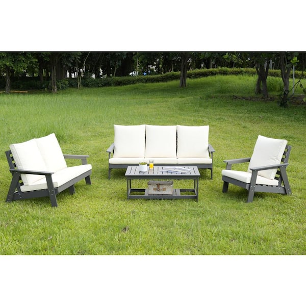 Gray HDPE Composite Patio Sofa Outdoor Couch with Beige Cushions