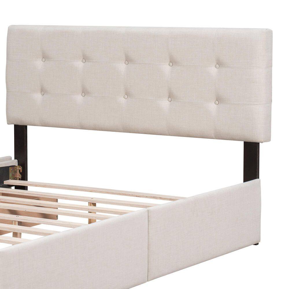 Beige Linen Upholstered Wood Frame Queen Size Platform Bed with 4-Drawers - thumbnail 10