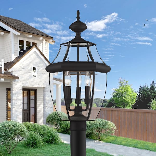 Aston 23.5 in. 3-Light Black Cast Brass Hardwried Outdoor Rust Resistant Post Light with No Bulbs Included