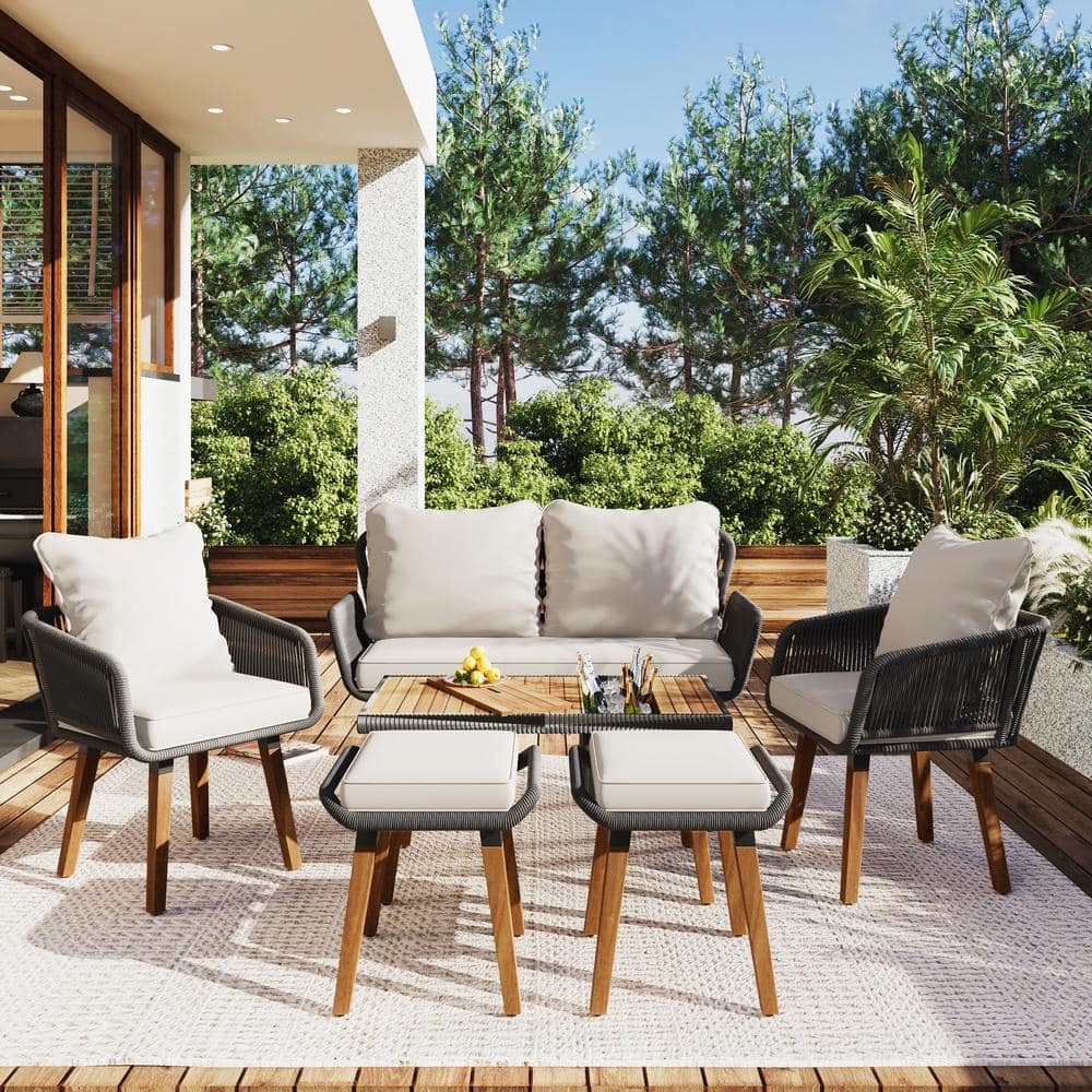 Cesicia Black 6-Piece Wicker Patio Conversation Set with Acacia Wood ...