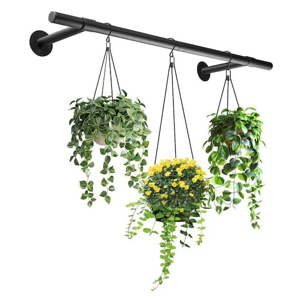 31. 5In Black Metal Hanging Plant Rod for Window Ceiling Wall Mount-Indoor Plant Shelf Holder Bar