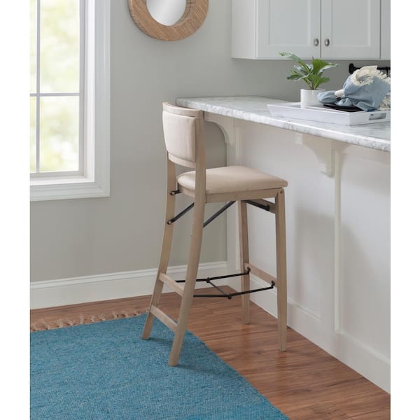 Keira 30.75 in. Seat height Gray-wash High back Wood frame Folding Barstool with Beige Polyester seat 1 stool