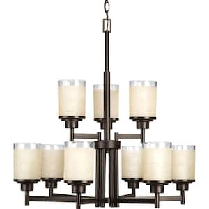 Alexa Collection 9-Light Antique Bronze Etched Umber Linen With Clear Edge Glass Modern Chandelier Light