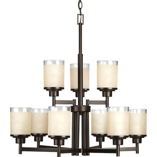 Progress Lighting Alexa Collection 9-Light Antique Bronze Etched Umber Linen With Clear Edge Glass Modern Chandelier Light