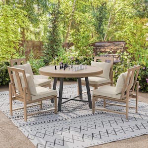 Lyon Brown 5-Piece Metal/Teak Round 3-In-1-Outdoor Dining Set with Beige Cushions and Chess Set