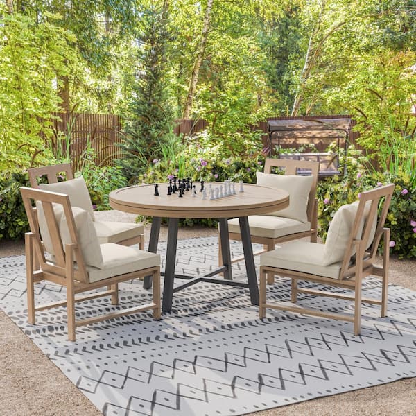 GREEMOTION Lyon Brown 5-Piece Metal/Teak Round 3-In-1-Outdoor Dining Set with Beige Cushions and Chess Set