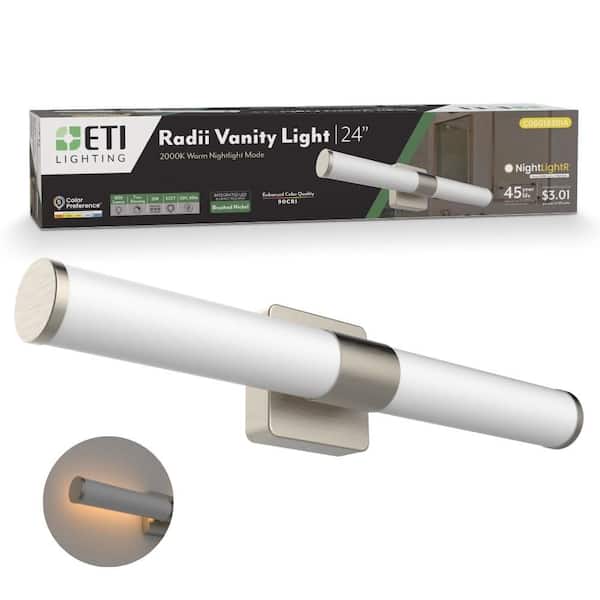 RADII 24 in. 1-Light Brushed Nickel LED Vanity Light Fixture with Night Light, Selectable CCT 2700K-5000K, 1800 Lumens