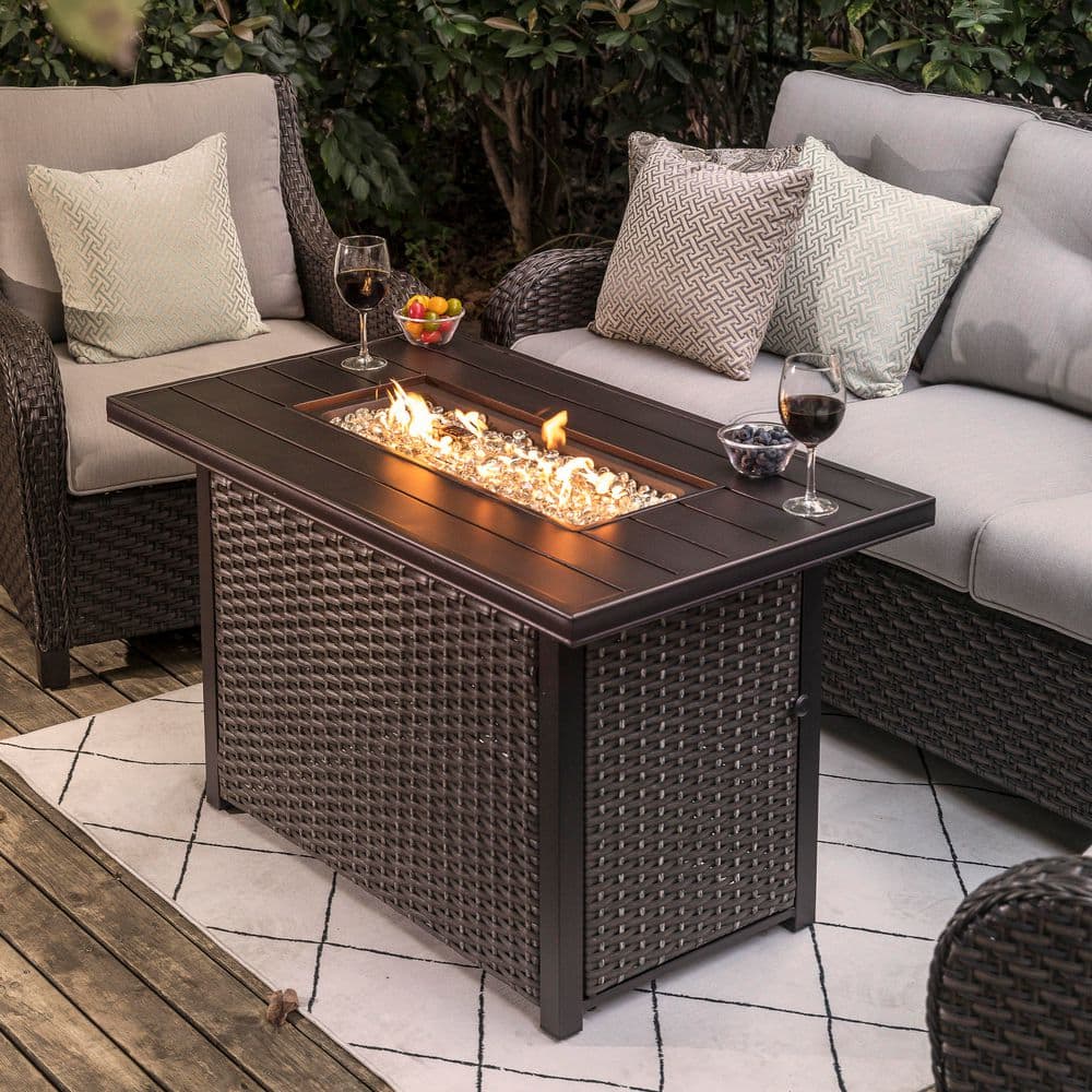 Nuu Garden 43 in. Rectangle Brown Aluminum Propane Gas Wicker Fire Pit Table 50,000 BTU with Fire Glass Stone AF0015 - The Home Depot
