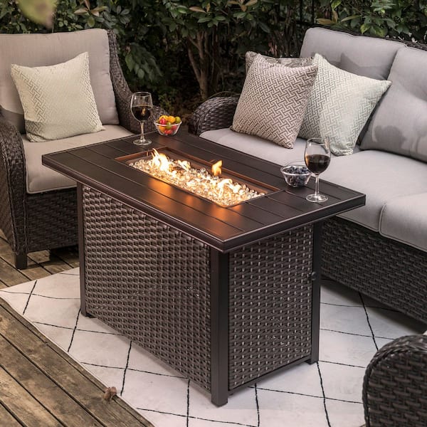 43 in. Rectangle Brown Aluminum Propane Gas Wicker Fire Pit Table 50,000 BTU with Fire Glass Stone