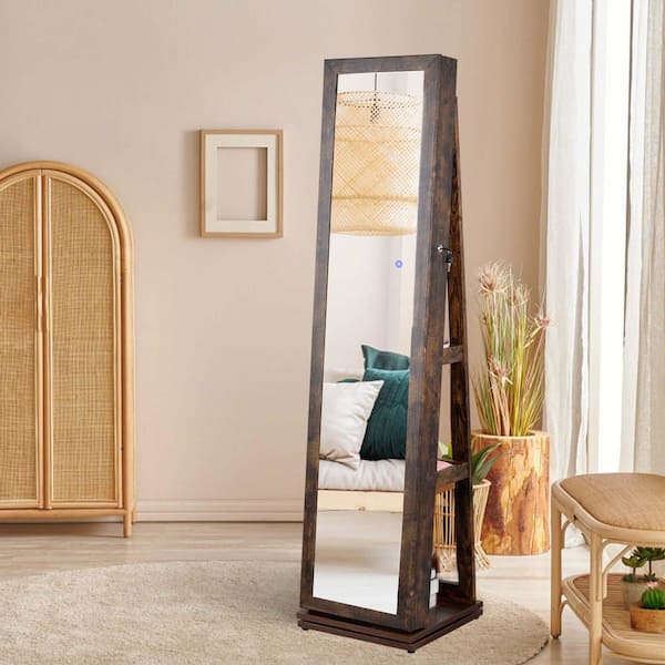 Antique Gray 15.75 in. W x 64.96 in. H Rectangular Wood Full Length Mirror with Jewelry Cabinet