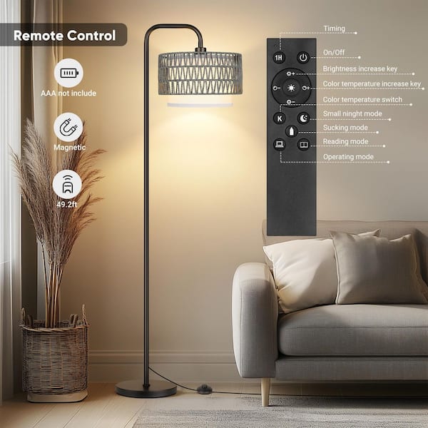 68 in. Black Paint Boho Standing Lamp, 1-Bulb Remote 3-Color Temp Arc Floor Lamp for Bedroom w/ Grey Rattan Fabric Shade