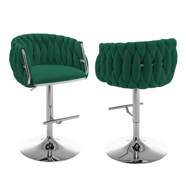 Earl 25 in. 33 in. Upholstered Emerald Green Low Back Metal Frame Adjustable Bar Stool With Velvet Fabric (Set of 2)