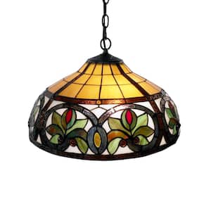 2-Light Antique Bronze Hanging Pendant Light with Classic Stained Glass
