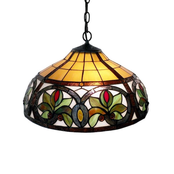 Warehouse of Tiffany 2-Light Antique Bronze Hanging Pendant Light with Classic Stained Glass