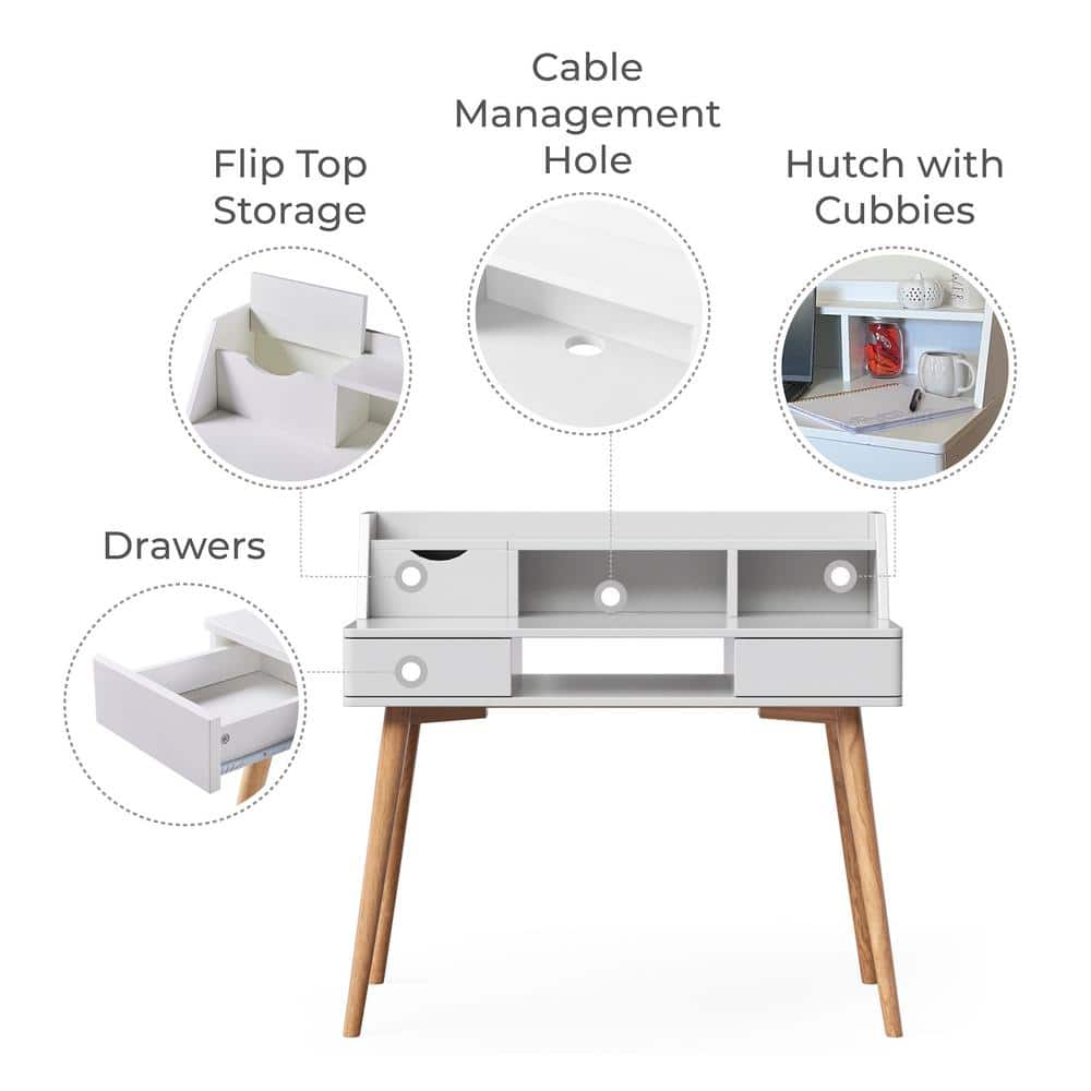 Modern White/Natural Wood Writing Desk with Hutch and Drawers