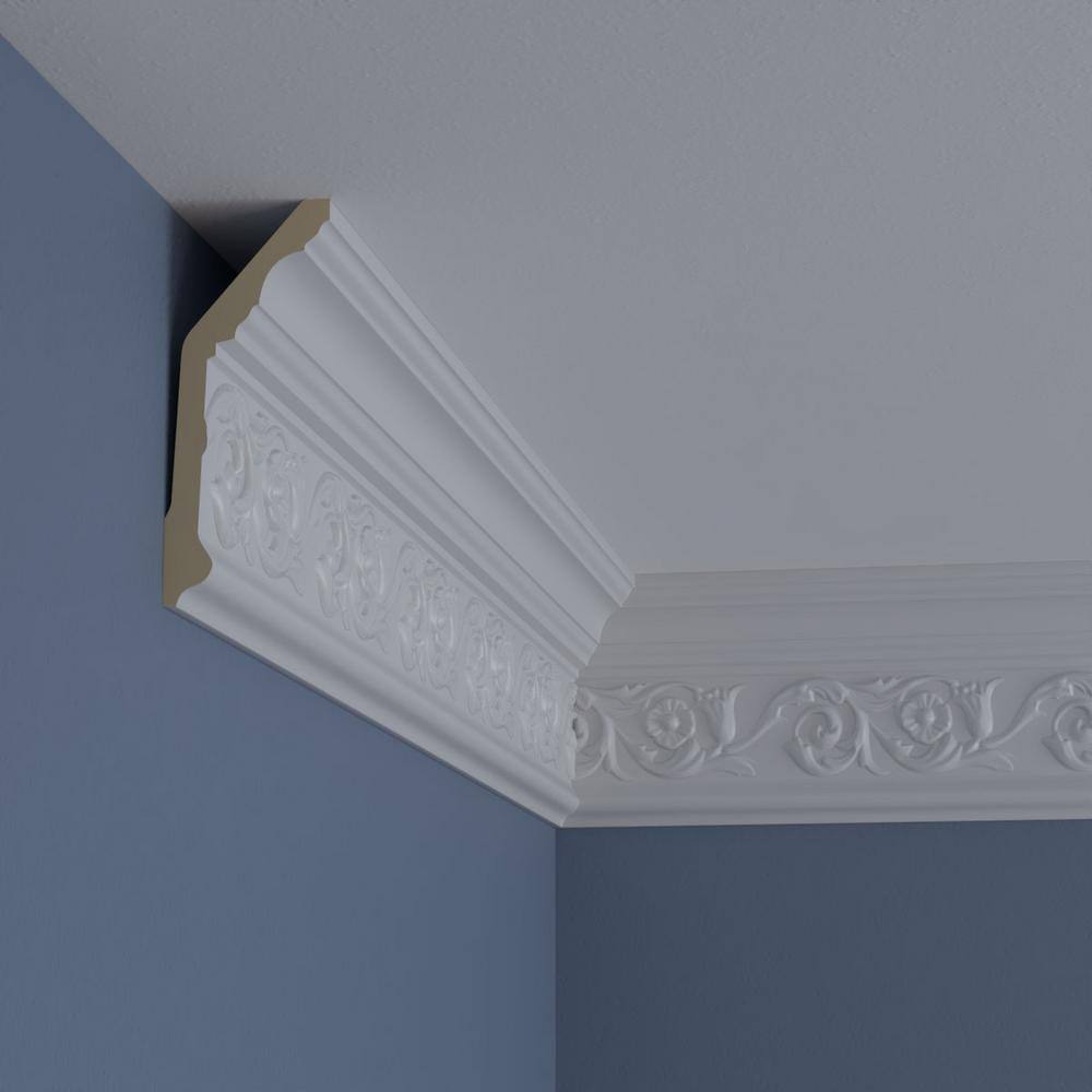 Primed White Polyurethane Floral Crown Moulding Sample, 12" Length