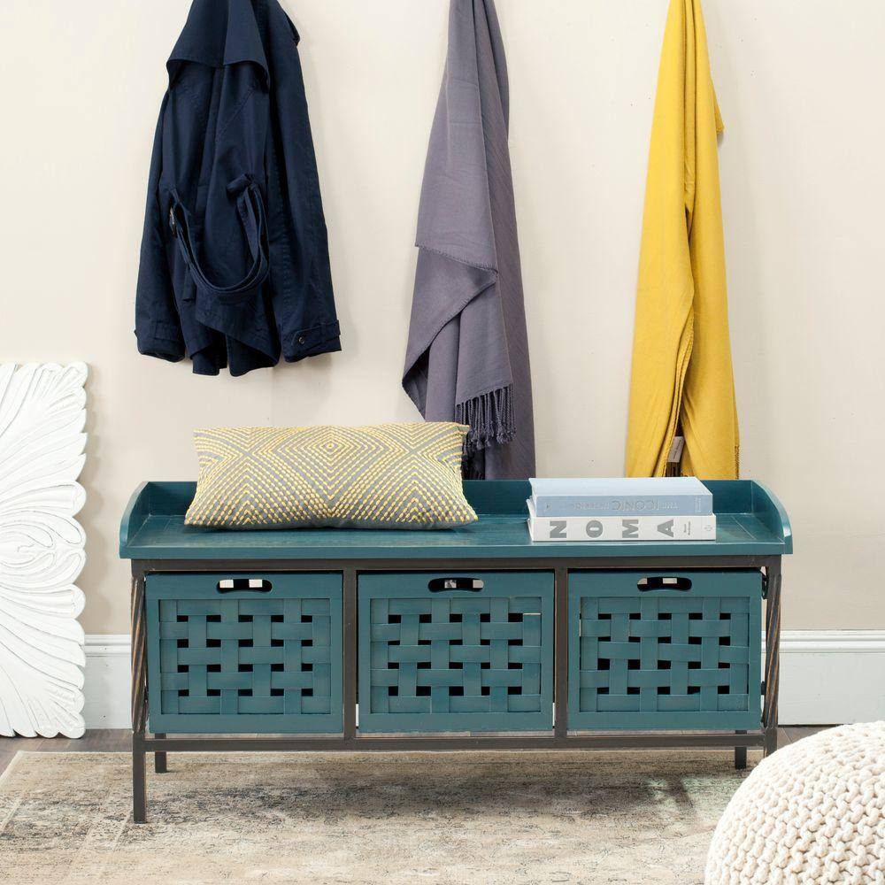 Isaac 43" Blue Pine Wood Storage Bench with Drawers