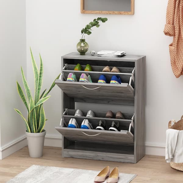 22.4 in. W x 29.5 in. H Gray Wood Louver Door Shoe Storage Cabinet with 2-Drawers for Entryway Hallway