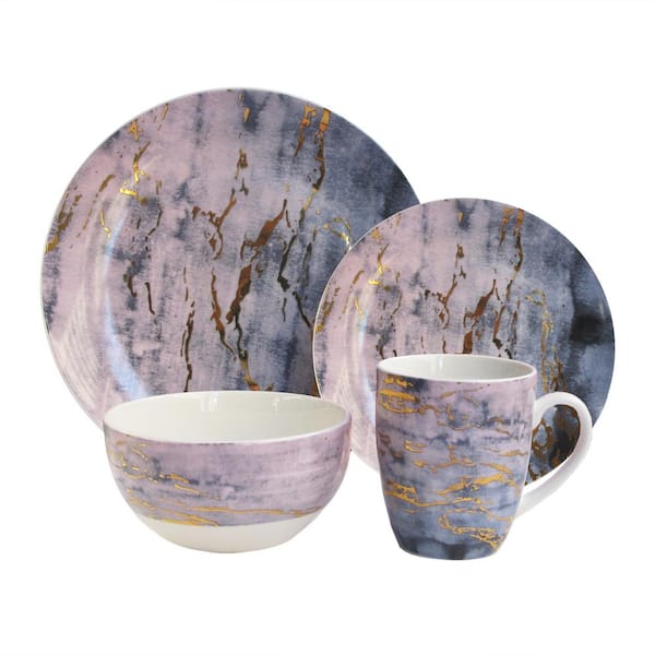 American Atelier 16-Piece Casual Purple and Gold Ceramic Dinnerware Set (Service for 4)