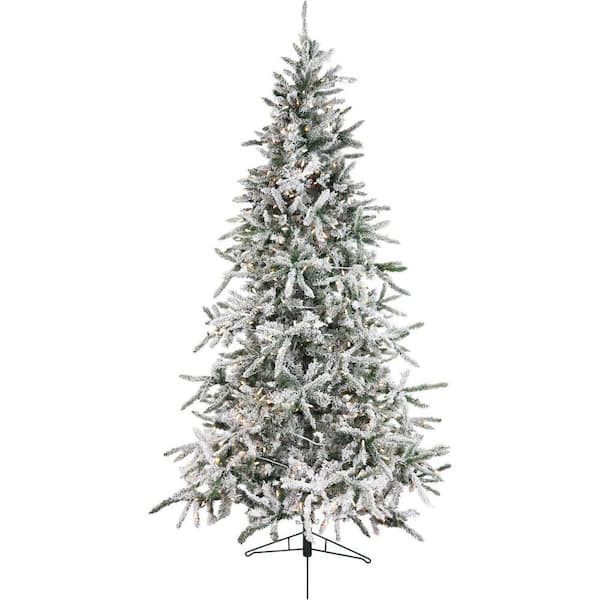 Fraser Hill Farm 9.0-ft. Pre-Lit Mountain Pine Snow Flocked Artificial Christmas Tree, Multi-Color LED Lights