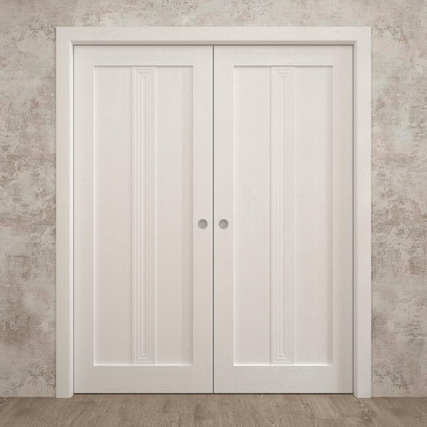72 in. x 84 in. Painted White Oak Solid Wood Double Pocket Doors with Hardware