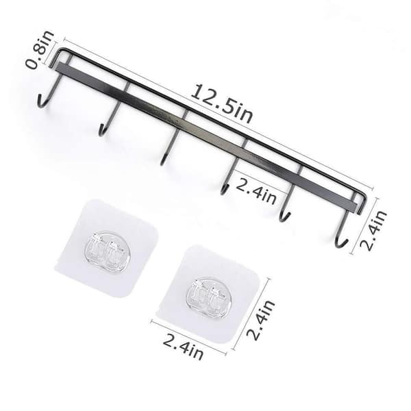 Wall Mounted Pot Rack with Adhesive and 6 Hooks for Kitchen, Bathroom, and Bedroom Organizing, Black (2-Pack)