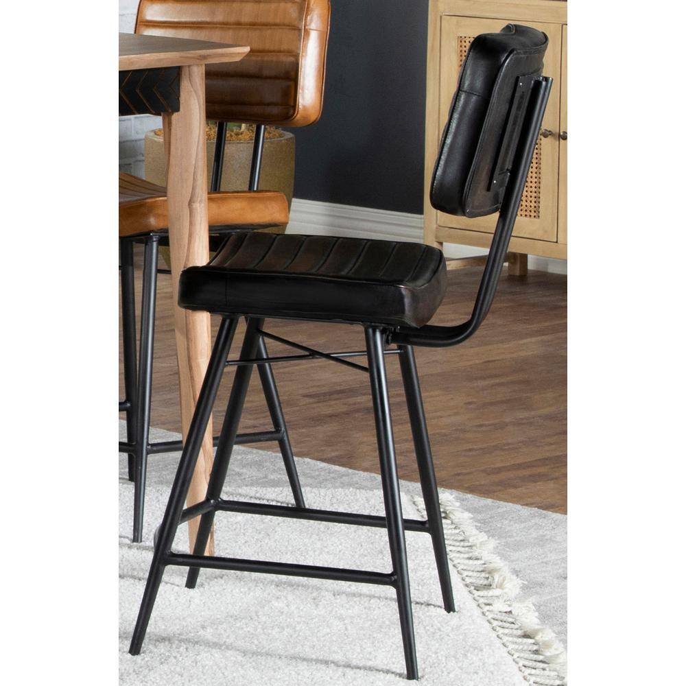 Dark Brown Leather and Wood Saddle Counter Stools, Set of 2