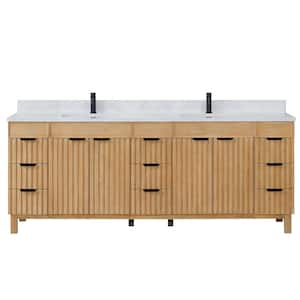 Palos 84 in. W x 22 in. D x 33.9 in. H Double Sink Bath Vanity in Fir Wood Brown with White GRain Stone Top