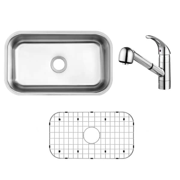 CHESHIRE 32 in. Undermount Single Bowl 18-Gauge Stainless Steel Kitchen Sink with Pull-Out Polished Chrome Kitchen Faucet