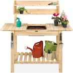 NORTHBEAM Natural Wood Folding Potting Bench with Zinc Table Top ...