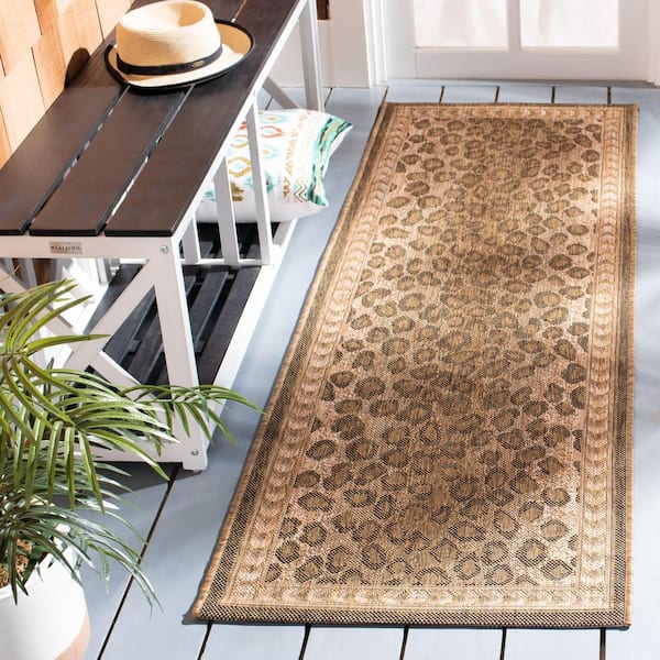 Courtyard Natural/Gold 2 ft. x 12 ft. Border Cheetah Indoor/Outdoor Runner Rug