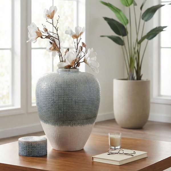 20 in. Blue/White Ceramic Decorative Small Round Lidded Table Jar