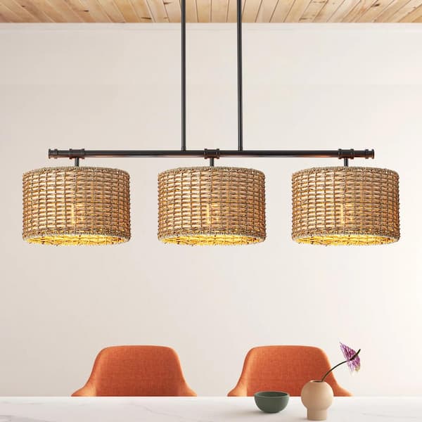 Terry 3-Light Black Farmhouse Linear Island Chandelier Light with Rattan Shades