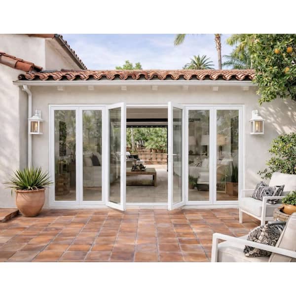 216 in. x 96 in. Center Opening/Outswing Double Tempered Glass White Aluminum Folding Patio Door