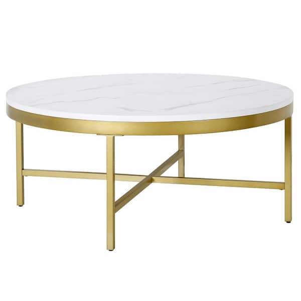 Meyer&Cross Xivil 36 in. Brass Round Coffee Table with Faux Marble Top