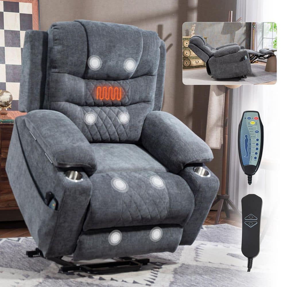 Taupe Extended Footrest and Extra Wide Comfort Chenille Power Lift Recliner