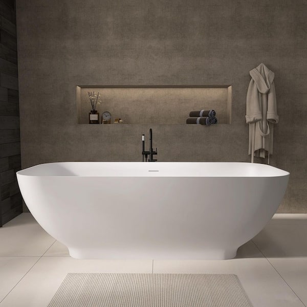 Duf 67 in. x 29.5 in. Solid Surface Stone Resin Flat Bottom Free Standing Soaking Bath Tub Freestanding Bathtub in White