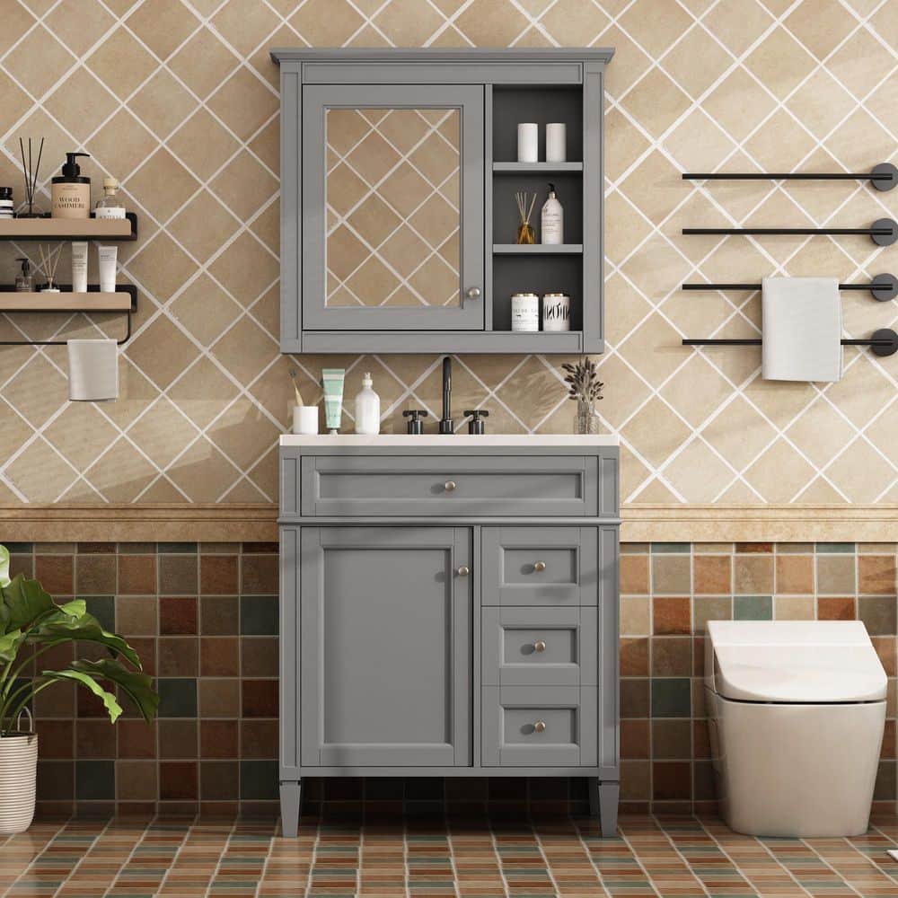 30 in. W x 18 in. D x 33 in. H Single Sink Freestanding Bath Vanity in Gray with White Ceramic Top and Mirror price history on PriceWatchPro