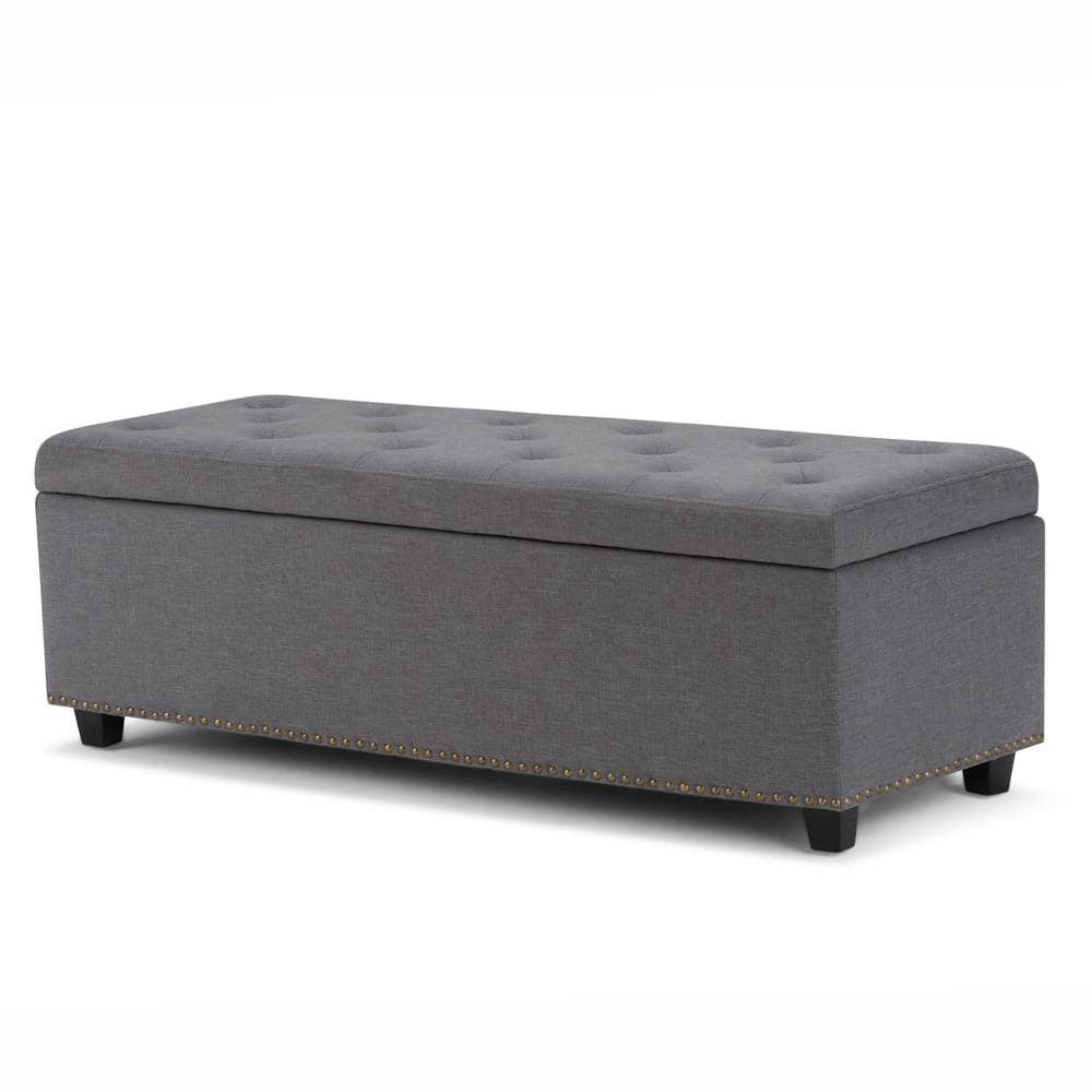 Slate Grey Tufted Linen Storage Ottoman Bench with Nailhead Trim