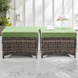 Brown Wicker Outdoor Ottoman Patio Footstool with Green Cushions (2-Pack)