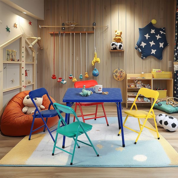 Homy Casa COLOR 5-Piece Square Kids Metal Top Table and Metal Red Colorful Vibrant Color Chairs Set, Indoor and Outdoor Use